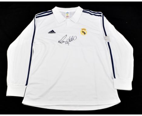 RONALDO (BRAZIL); an Adidas retro style Real Madrid long sleeved home shirt, signed to the front, size L.Additional Informati