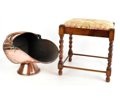 A 19th century copper coal bucket with swing handle, height 40cm, and an oak framed stool with tapestry top on barleytwist su
