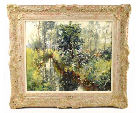 VICTOR WAGEMAEKERS (Dutch, 1876-1953); oil on canvas, river landscape with woods in the background, signed lower left, approx