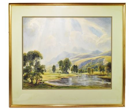 PERCY LANCASTER (1878-1951); watercolour, cattle beside river scene with landscape in the background, signed lower right, 49 