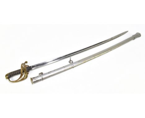 A Victorian officer's sword, with curved blade, wire bound shagreen grip, pierced guard, and scabbard, length of blade 81cm.A