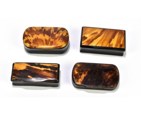 Four Georgian and later horn and tortoiseshell mounted snuff boxes, two of rectangular form and two of shaped oval form, leng