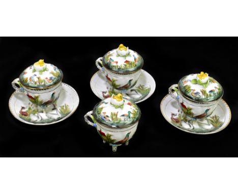 NAPLES; a set of four custard cups and covers, and three saucers, each moulded in relief with ducks and other wading birds, t