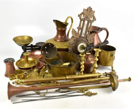 An assortment of 19th century and later metalware including a copper haystack jug, height 30cm, a copper hunting horn, brass 