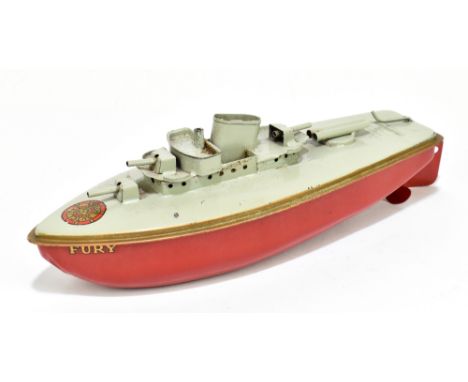 SUTCLIFFE MODELS; a tinplate model of a battle ship ‘Fury’, length 24cm.Additional InformationLight scratches, scuffs, minor 