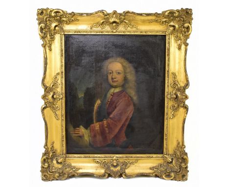18TH CENTURY ENGLISH SCHOOL; oil on canvas, portrait of a gentleman wearing elaborate velvet coat with blue sash, unsigned, 4
