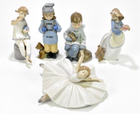 NAO; four assorted figures including a ballerina, diameter 19cm, and a Lladro figure of a seated girl holding a doll (5).Addi