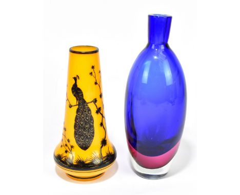 MURANO; a Sommerso bottle vase decorated with a blue, red and clear body, height 27cm, and an Art Glass vase hand painted wit