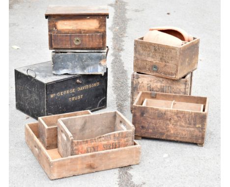 A collection of seven vintage pine boxes, with a vintage metal tin named for Mr George Davidson's Trust, and an assortment of