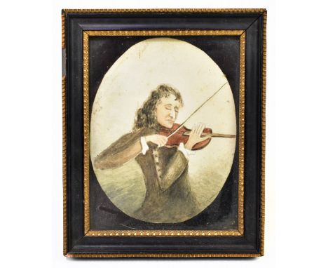EARLY 20TH CENTURY ENGLISH SCHOOL; watercolour, oval portrait miniature of a violinist, unsigned, 10.5 x 8cm, framed and glaz