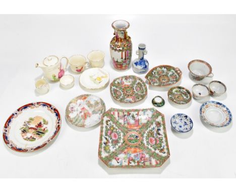 A collection of Oriental and English ceramics including a Canton leaf shaped dish, a Canton tea cup and saucer, a blue and wh