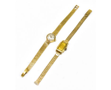 Two lady's vintage wristwatches, one with integral bracelet stamped 750, approx. 23.9g, the second with rectangular dial and 
