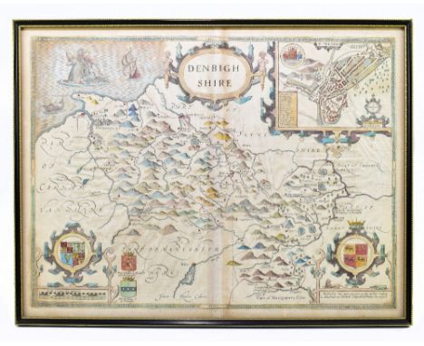 JOHN SPEED; a 17th century map of Denbighshire, approx. 40 x 53cm, framed and glazed.