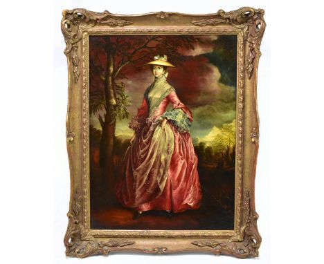 IN THE MANNER OF FREDERICK PIERCY (1830-1891); oil on board, portrait of a lady in lace trim dress within a stormy landscape,