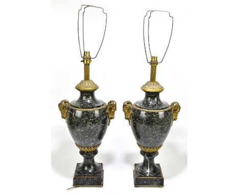A pair of late 19th century French grey veined marble and ormolu mounted table lamps, with ram's head masks and socle based t