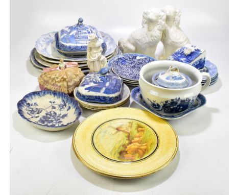 A collection of 19th century and later ceramics including a pair of Staffordshire style dogs, blue and white meat plates, etc