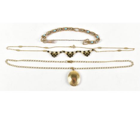 A 9ct gold locket suspended on a 9ct gold chain, approx. 9.6g, with a yellow metal turquoise and seed pearl set bracelet, and