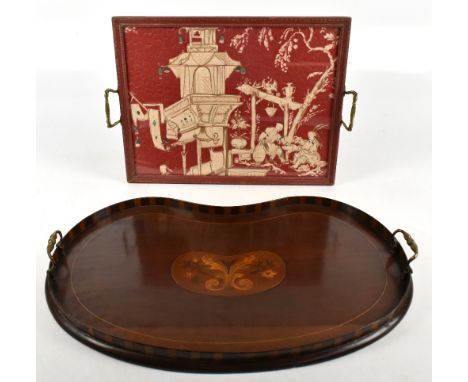 An Edwardian inlaid mahogany kidney shaped tray, length 56cm, and a rectangular tray inset with a quilted Japanese inspired t