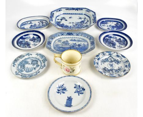 A collection of eight Chinese Export blue and white plates and meat plates, a Dutch plate and an English Staffordshire mug.