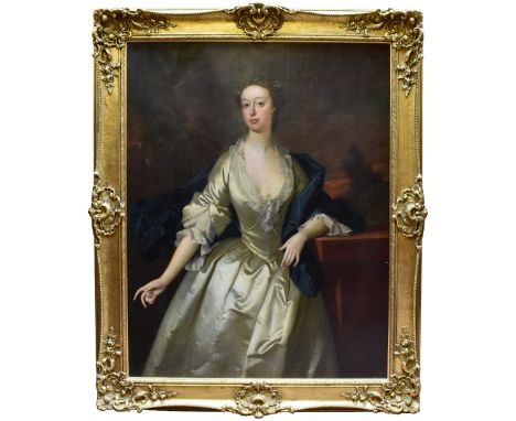 18TH CENTURY ENGLISH SCHOOL; three quarter portrait of a lady wearing a white dress with lace trim and pearls, signed J Wood 