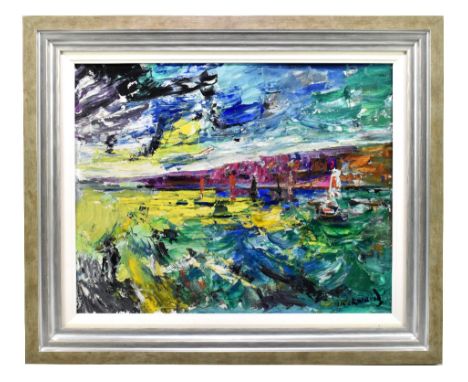 JAMES LAWRENCE ISHERWOOD FRSA FIAL (1917-1989); oil on board, 'Sailing Off the West Coast', signed, 40 x 50cm, framed. (D)Add