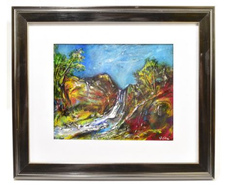 DAVID WILDE (1918-1978); acrylic on board, 'Aber Falls', signed lower right, 16.5 x 21cm, framed and glazed. (D)Additional In