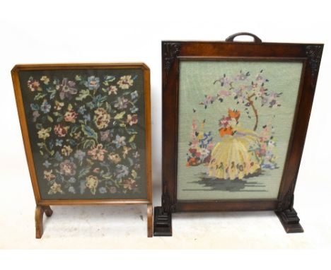An early 20th century oak framed fire screen with tapestry panel depicting a maiden in landscape setting, height 80cm, with a