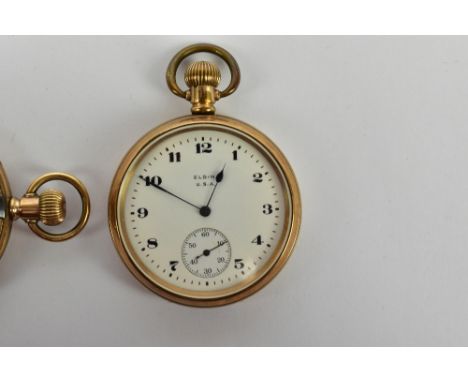 ELGIN; two gold plated pocket watches, comprising a hunter and an open face pocket watch, each with subsidiary seconds dial.A