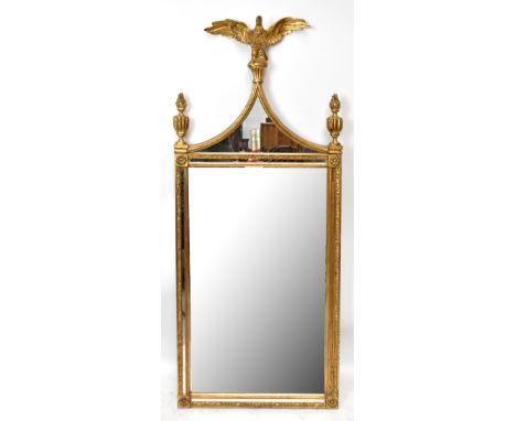 A Regency style giltwood and gesso rectangular wall mirror with eagle surmount, height 123cm, width 51cm.&nbsp;Additional Inf