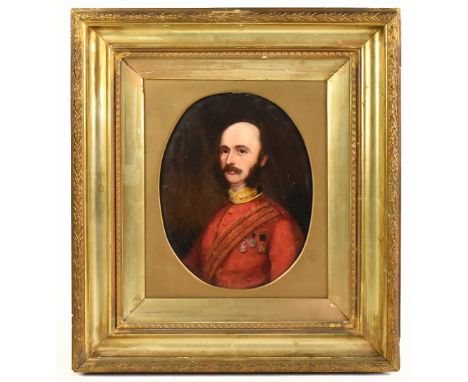 MID-19TH CENTURY ENGLISH SCHOOL; oval oil on canvas laid on board, portrait of a grenadier guard, possibly a captain wearing 