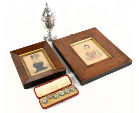 A cased set of six blue enamel and mother of pearl dress studs modelled as buttons, in Dibdin &amp; Co leather case, a white 