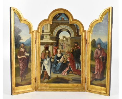 19TH CENTURY ANTWERP SCHOOL; triptych oil panel, 'The Adoration of the Magi with St John and St Luke in the Wings', with gilt