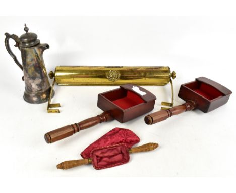 Two stained hardwood offering trays and a similar example with canvas pouch, a silver plated flagon and a brass wall light wi