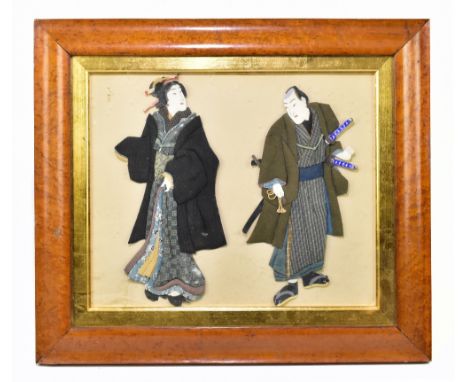 A Japanese applique picture of a geisha and a warrior, framed and glazed, overall size 46 x 53.5cm.&nbsp;Additional Informati