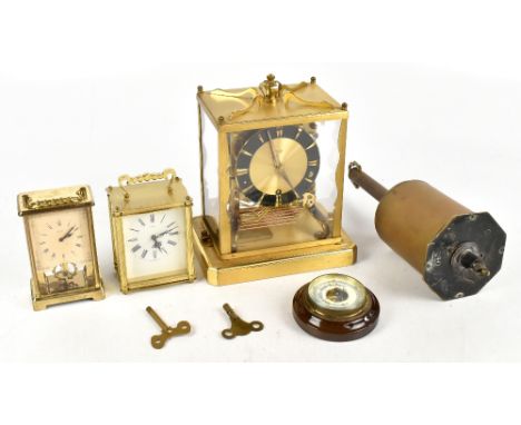 SCHATZ; a gilt metal cased clock with crown finial, height 24cm, two modern carriage clocks including a Smith's example, an a