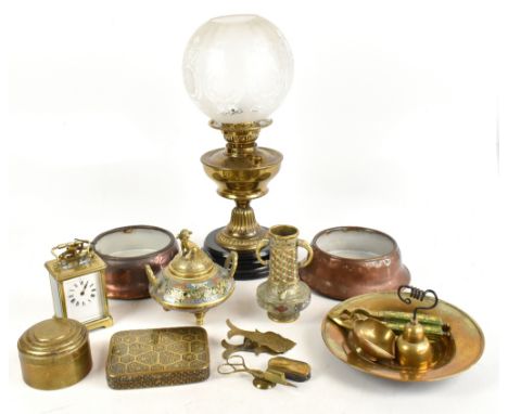 A selection of 19th century and later English and Eastern metalware including a brass carriage timepiece with Roman numeral d