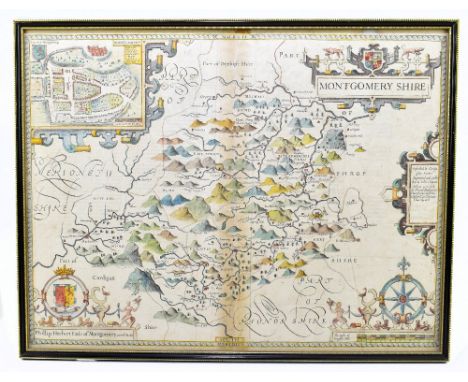 SAXTON &amp; JOHN SPEED; a 17th century map of Montgomeryshire, framed and glazed.