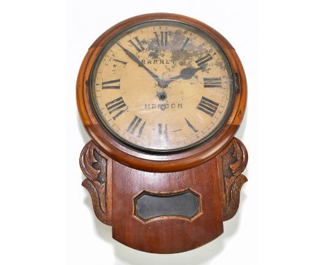 BARRETT HENDON; a 19th century walnut drop dial wall clock, the painted tin dial with Roman numerals above carved detail and 