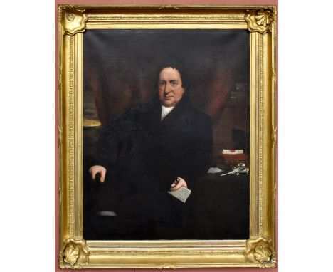 19TH CENTURY SCOTTISH SCHOOL; large oil on canvas, portrait of a gentleman with inkwell and quill by his side, unsigned, 130 