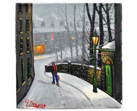 JAMES DOWNIE (born 1949); oil on canvas, figure walking in the snow, signed lower left , 30 x 30cm, unframed. (D)Additional I