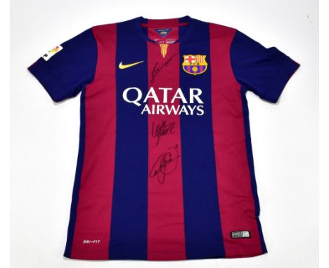 BARCELONA; a Nike 2014/15, signed to the front by Messi, Suarez and Neymar, size S.Additional InformationCreasing and light g