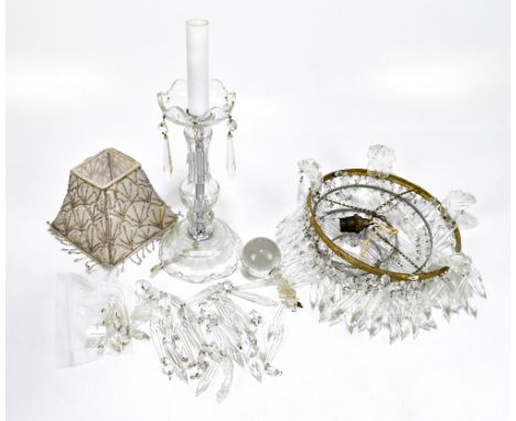 A metal framed three tier ceiling light with cut glass droplets, diameter 26cm, and a modern cut glass standard lamp (2).