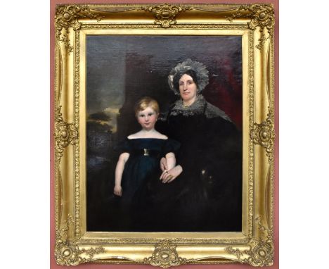 LATE VICTORIAN SCOTTISH SCHOOL; large oil on canvas, portrait of a woman and child with landscape beyond, unsigned, 128 x 102