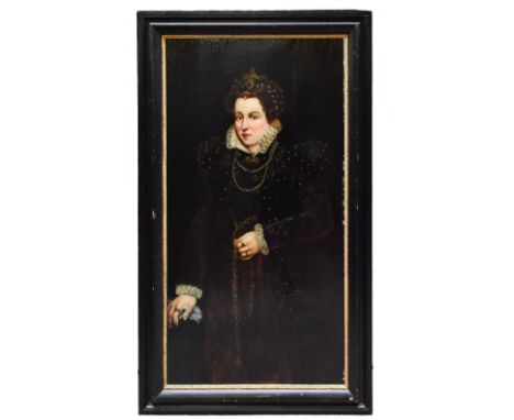 FOLLOWER OF ANTONIS MOR (circa 1512-1576); oil on panel, portrait of a lady, three-quarter length, standing, wearing a black 