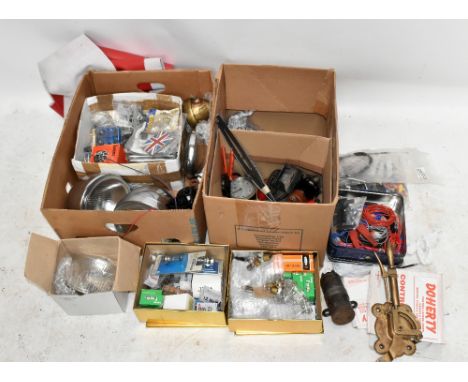 A collection of classic car parts, mostly Austin and Morris, Smiths speedometer, Smiths clock, thermometer, bulbs, mirror, ho