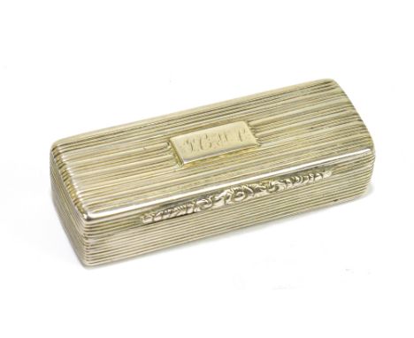 A hallmarked silver rectangular snuff box with linear decoration and applied cartouche with initial 'JCHP' marks rubbed, leng
