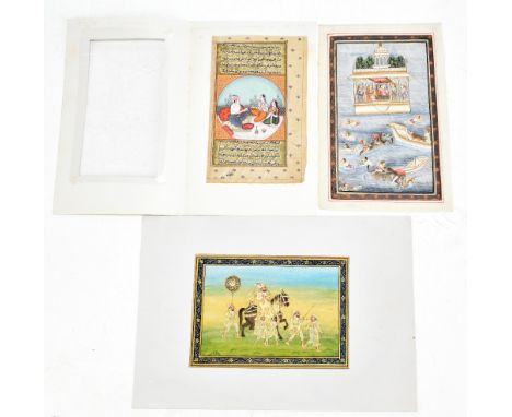 A 19th century Persian illuminated manuscript page, decorated with three figures in a walled garden within a border of pink f