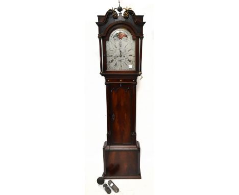 A George III mahogany longcase clock, the broken swan neck pediment above arched silvered dial set with rolling moon phase, i