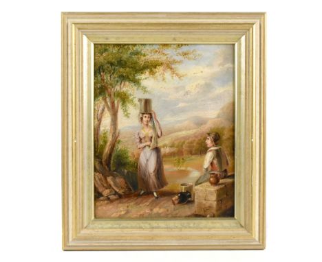 LATE 19TH CENTURY CONTINENTAL SCHOOL; oil on board, figures on a bridge in a landscape, unsigned, 26 x 21.5cm, framed. 
Addit