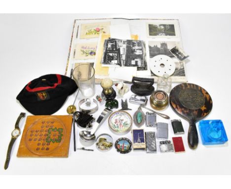 An assortment of collectors' items including a Chinese faux tortoiseshell dressing table mirror with carved detail, various l